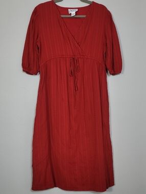 Vintage Expressions Cottagecore Babydoll Dress Size M Red Cotton Pockets Boho
